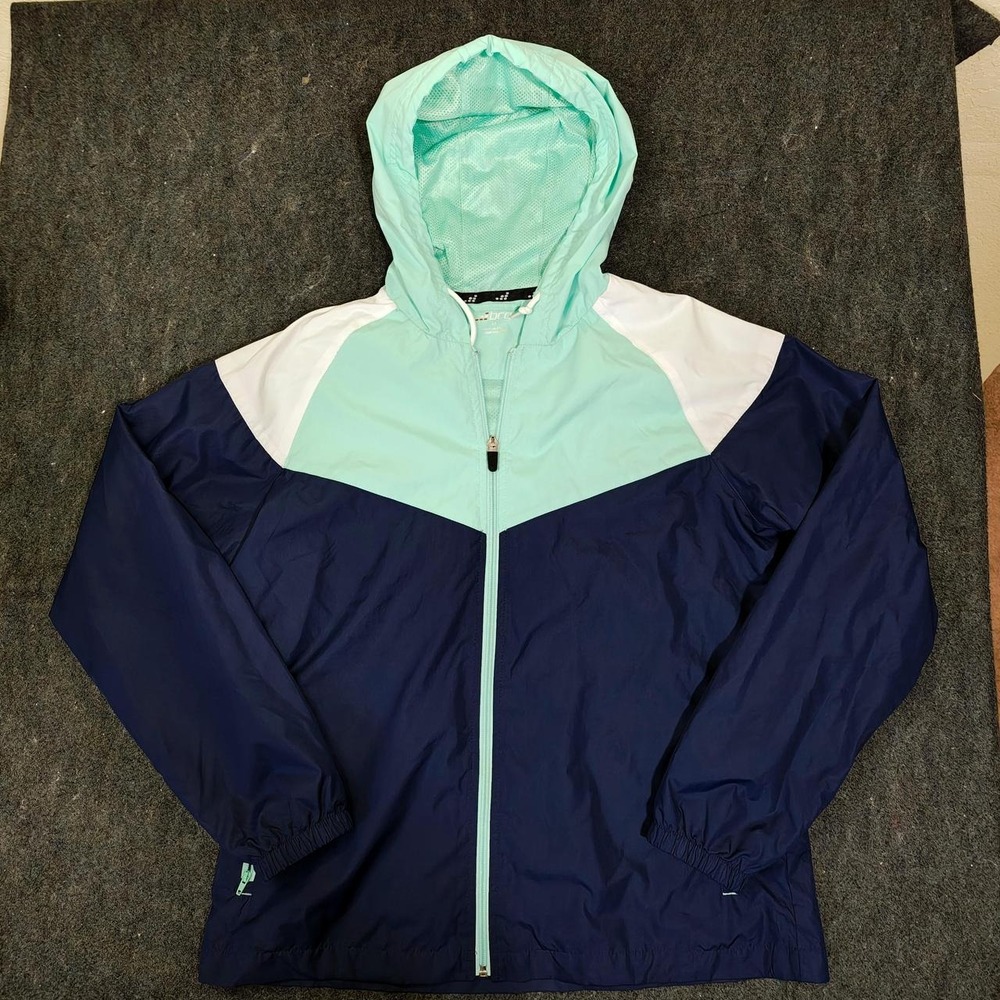 BCG Womens Windbreaker Jacket Blue White Mint Green Colorblock Hooded Size M
